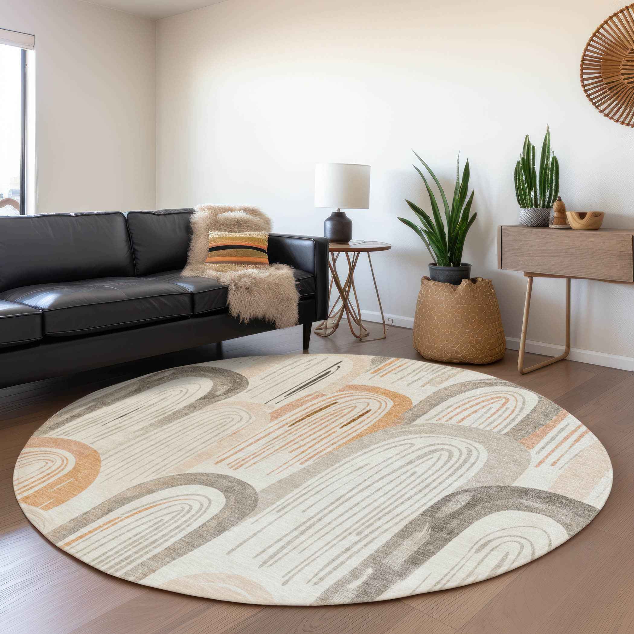 8' Ivory And Taupe Round Geometric Washable Indoor Outdoor Area Rug