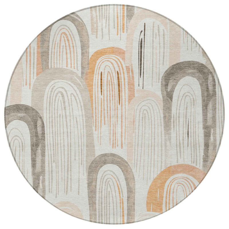8' Ivory And Taupe Round Geometric Washable Indoor Outdoor Area Rug