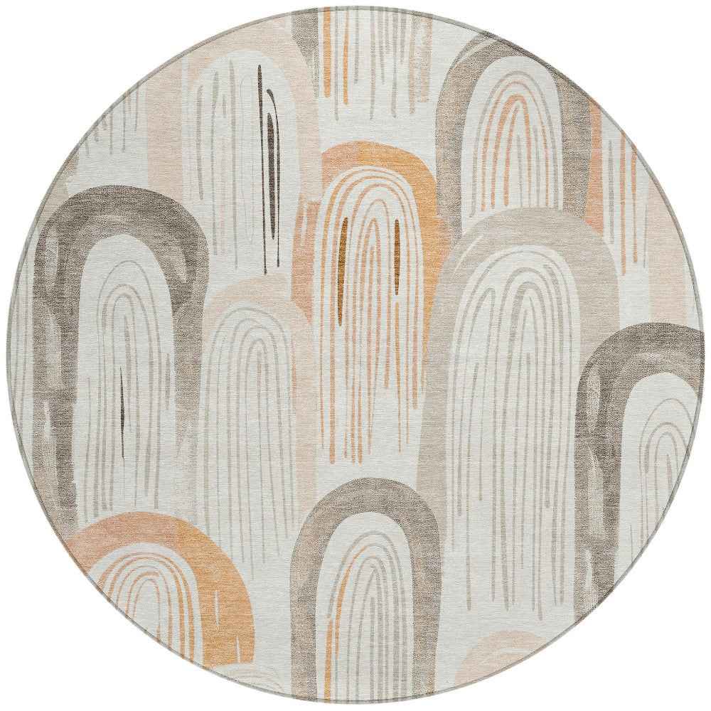 8' Ivory And Taupe Round Geometric Washable Indoor Outdoor Area Rug