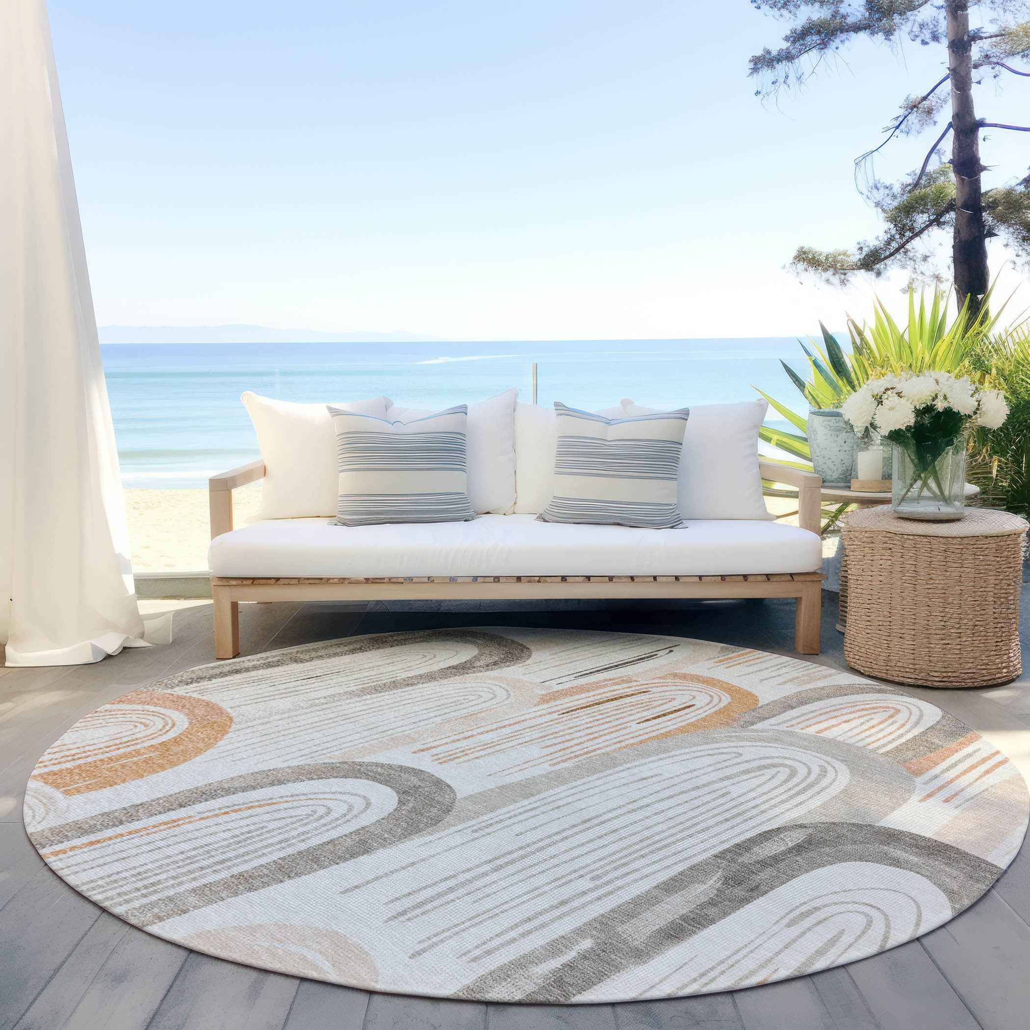 8' Ivory And Taupe Round Geometric Washable Indoor Outdoor Area Rug
