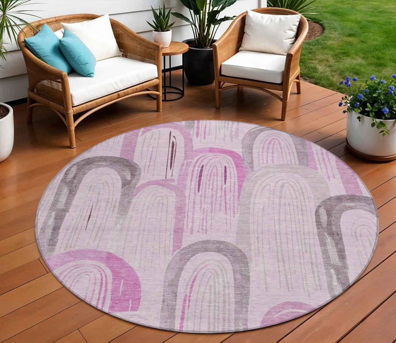 8' Pink And Lavender Round Geometric Washable Indoor Outdoor Area Rug