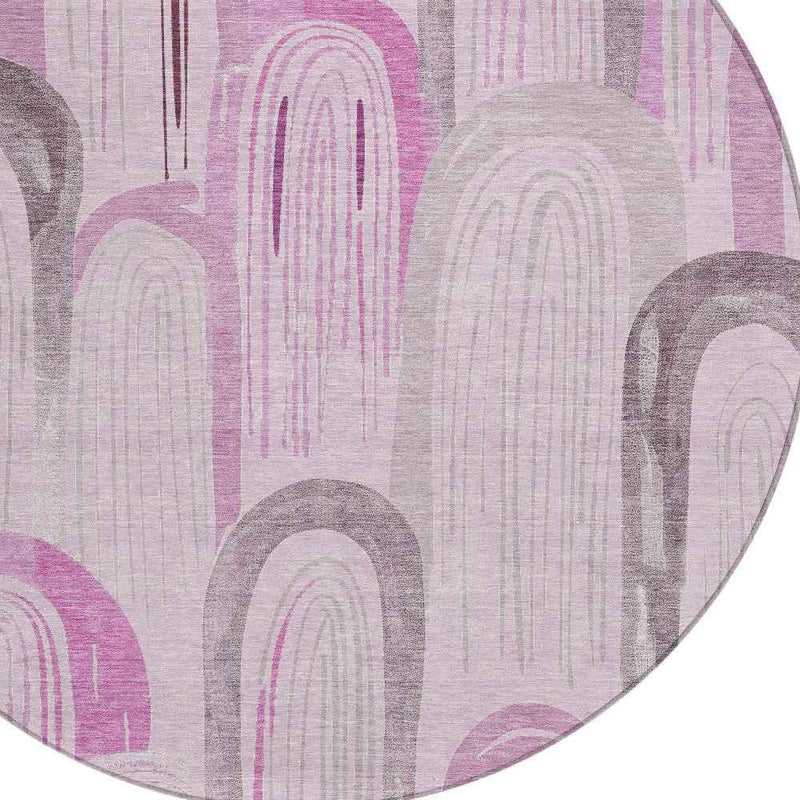 8' Pink And Lavender Round Geometric Washable Indoor Outdoor Area Rug