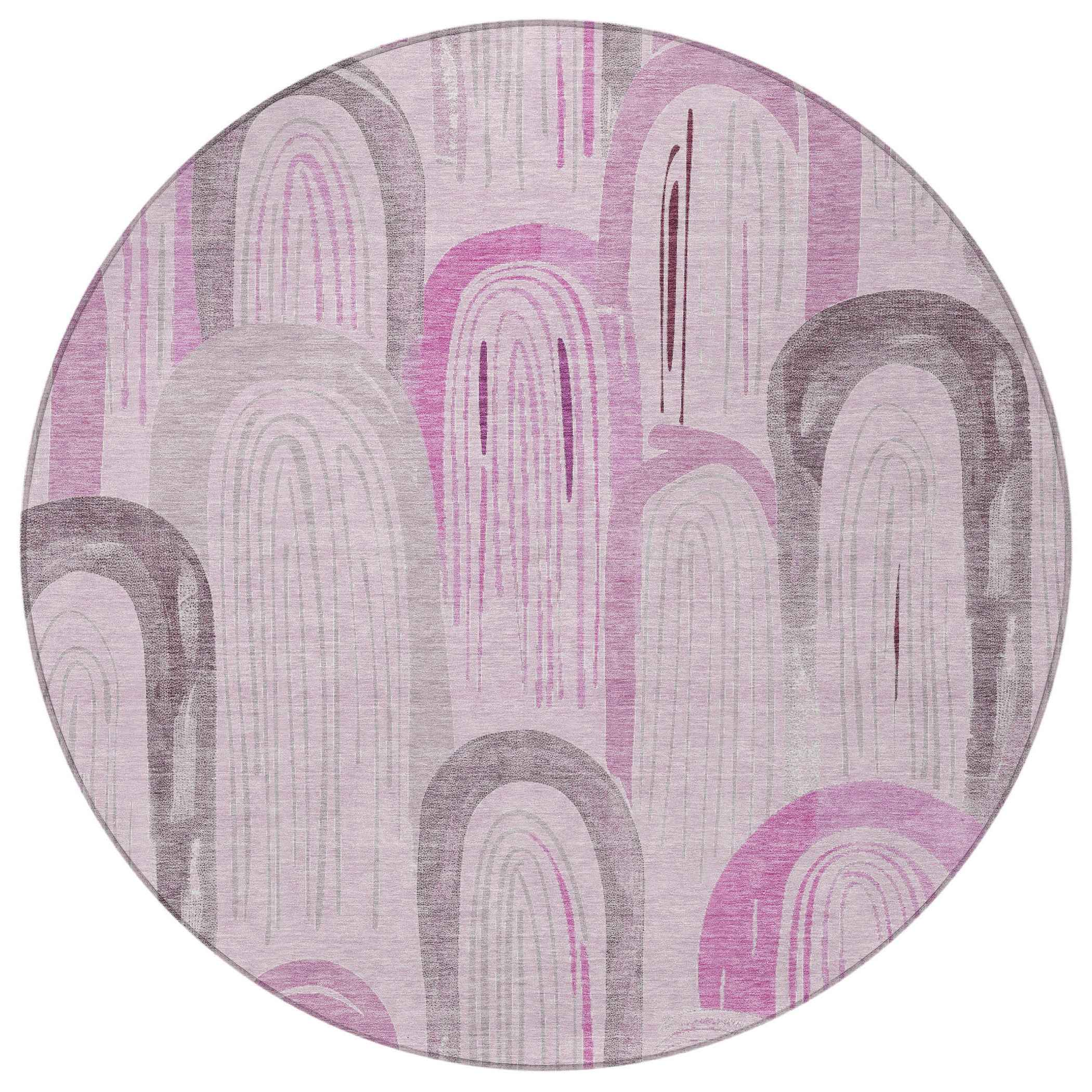 8' Pink And Lavender Round Geometric Washable Indoor Outdoor Area Rug