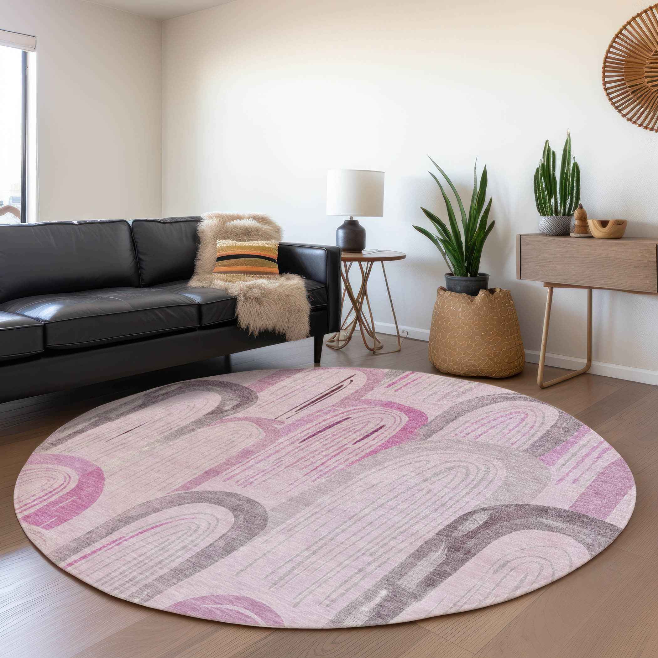8' Pink And Lavender Round Geometric Washable Indoor Outdoor Area Rug