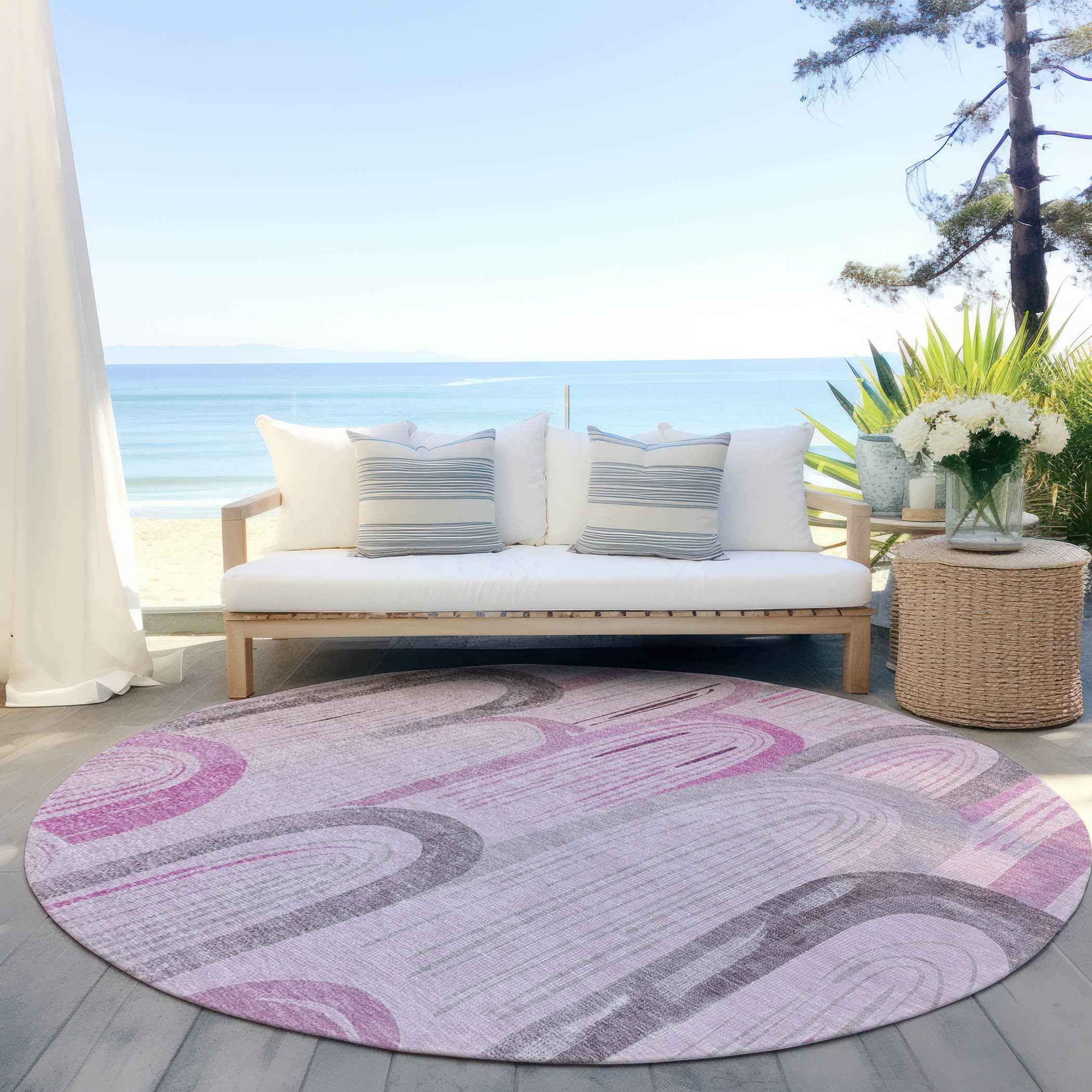 8' Pink And Lavender Round Geometric Washable Indoor Outdoor Area Rug
