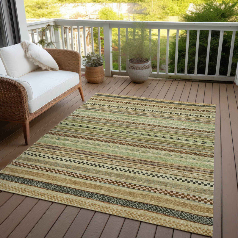 9' X 12' Beige And Taupe Striped Washable Indoor Outdoor Area Rug