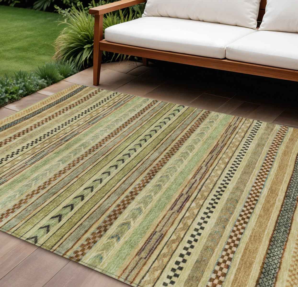 9' X 12' Beige And Taupe Striped Washable Indoor Outdoor Area Rug