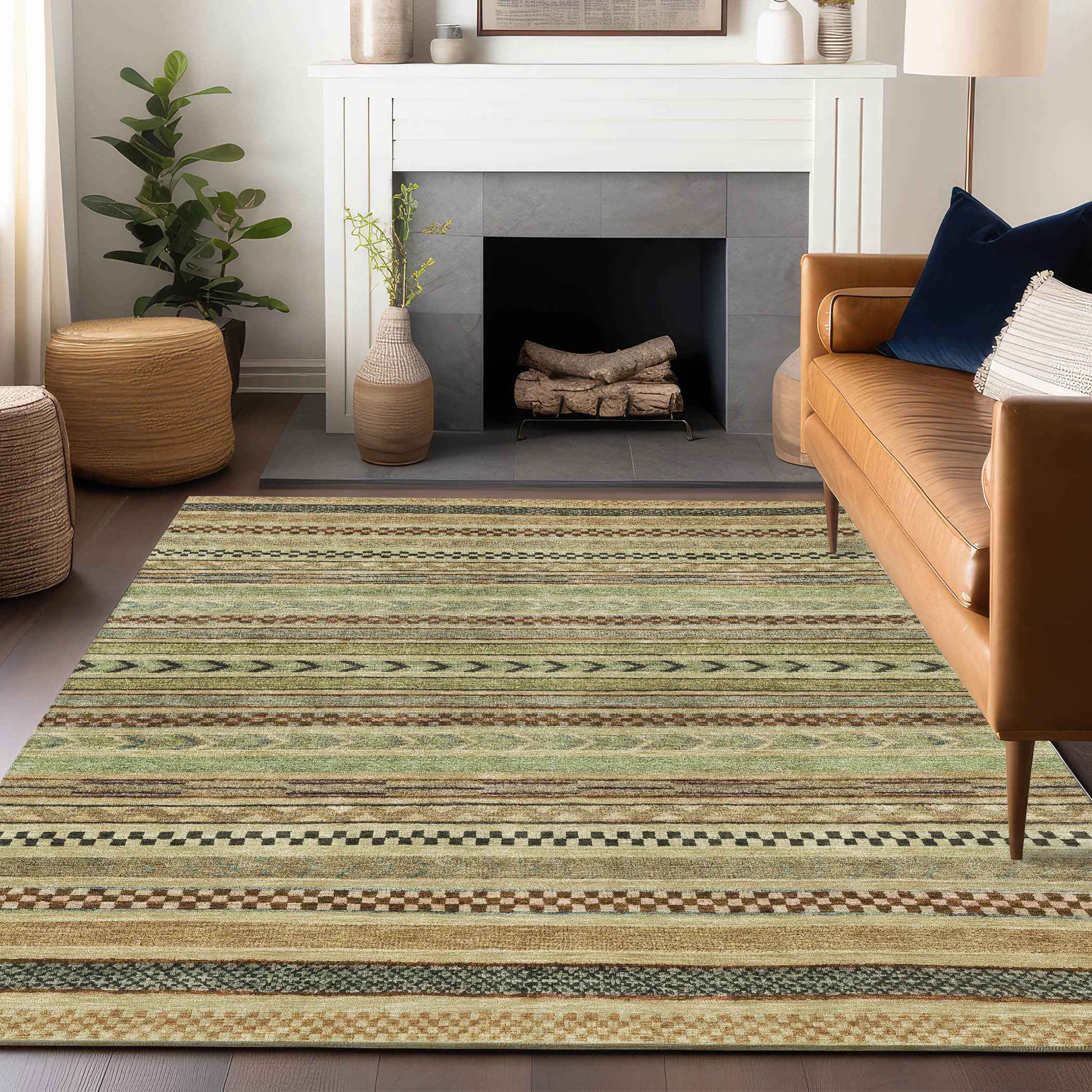 10' X 14' Beige And Taupe Striped Washable Indoor Outdoor Area Rug