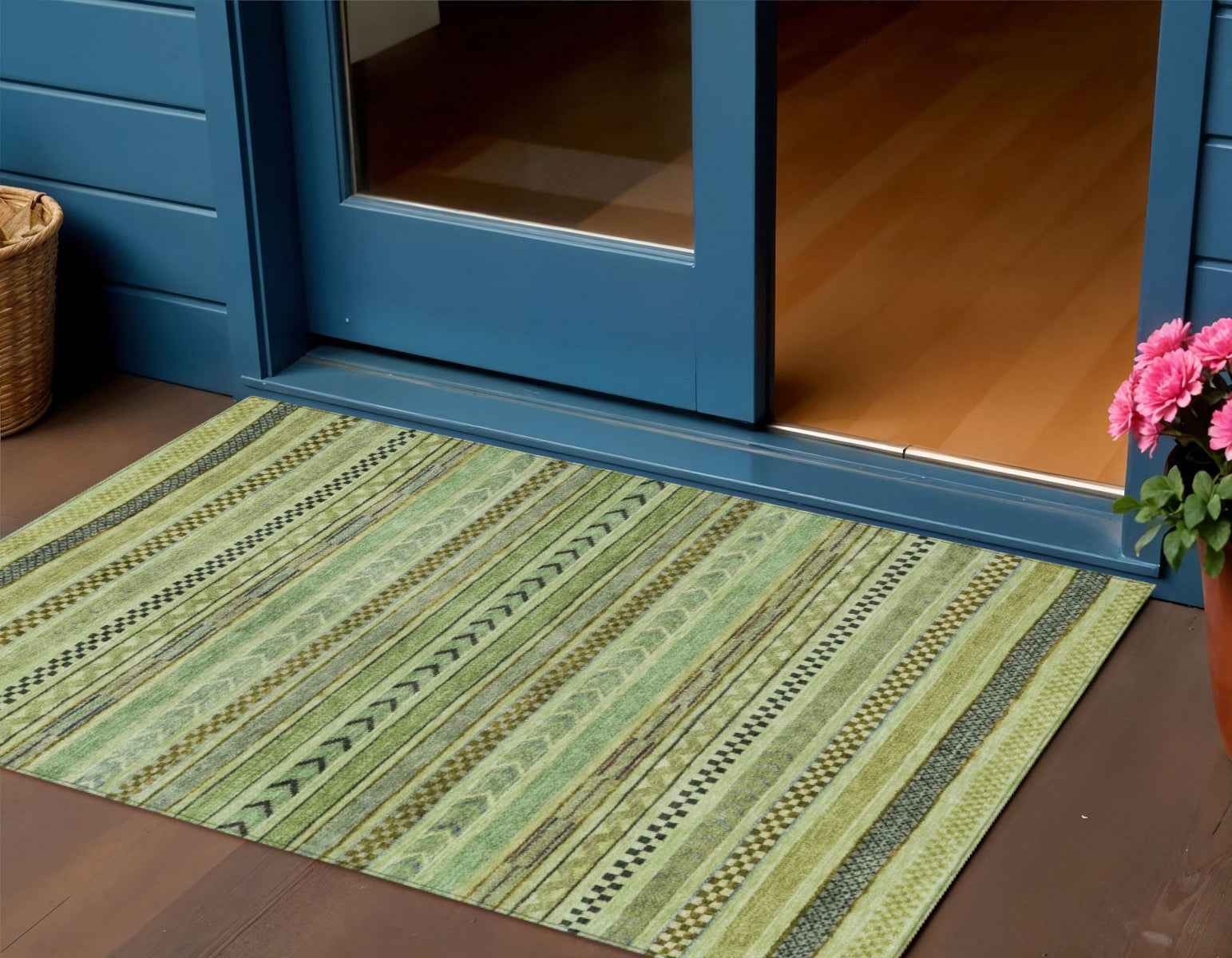3' X 5' Artichoke Green And Taupe Striped Washable Indoor Outdoor Area Rug
