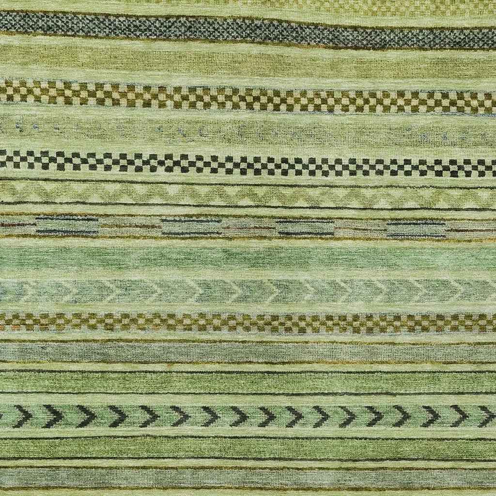3' X 5' Artichoke Green And Taupe Striped Washable Indoor Outdoor Area Rug