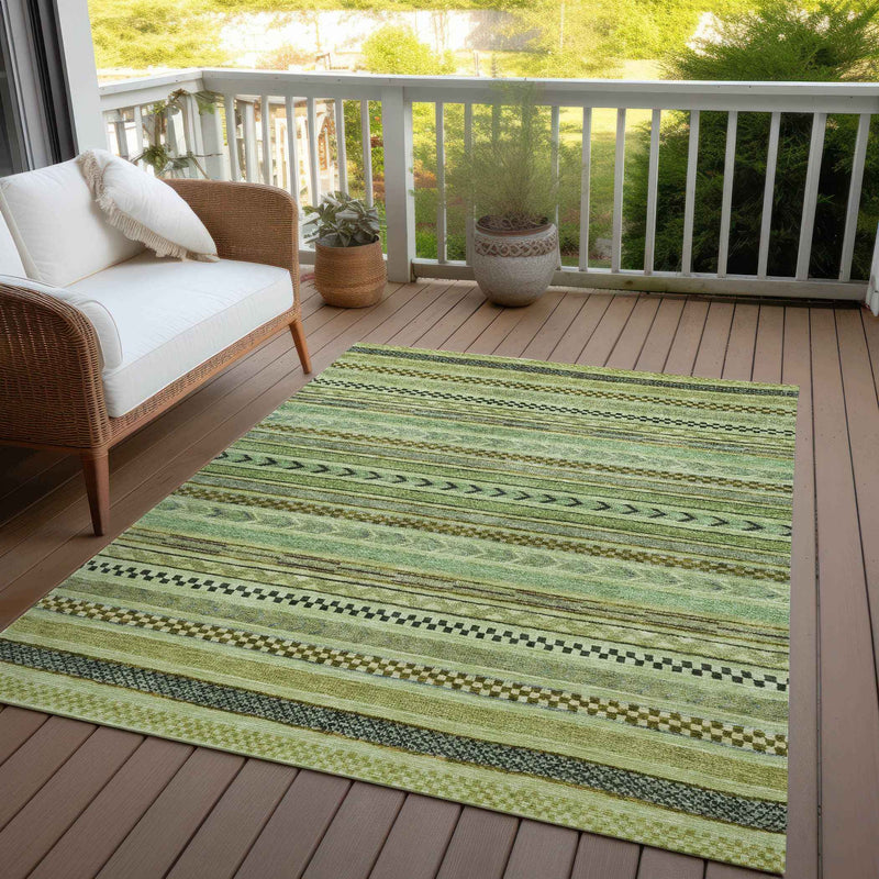 3' X 5' Artichoke Green And Taupe Striped Washable Indoor Outdoor Area Rug