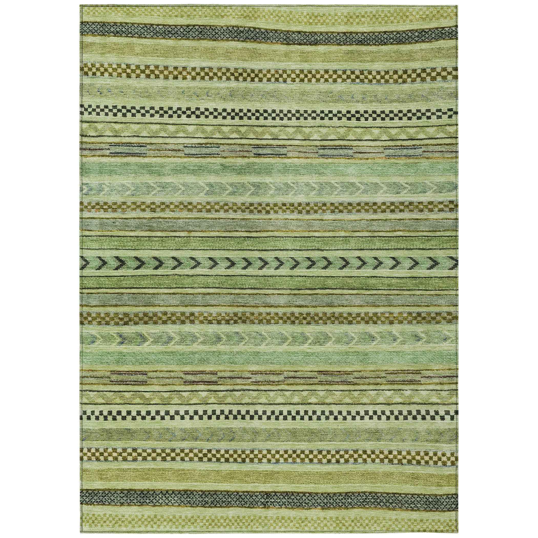 3' X 5' Artichoke Green And Taupe Striped Washable Indoor Outdoor Area Rug