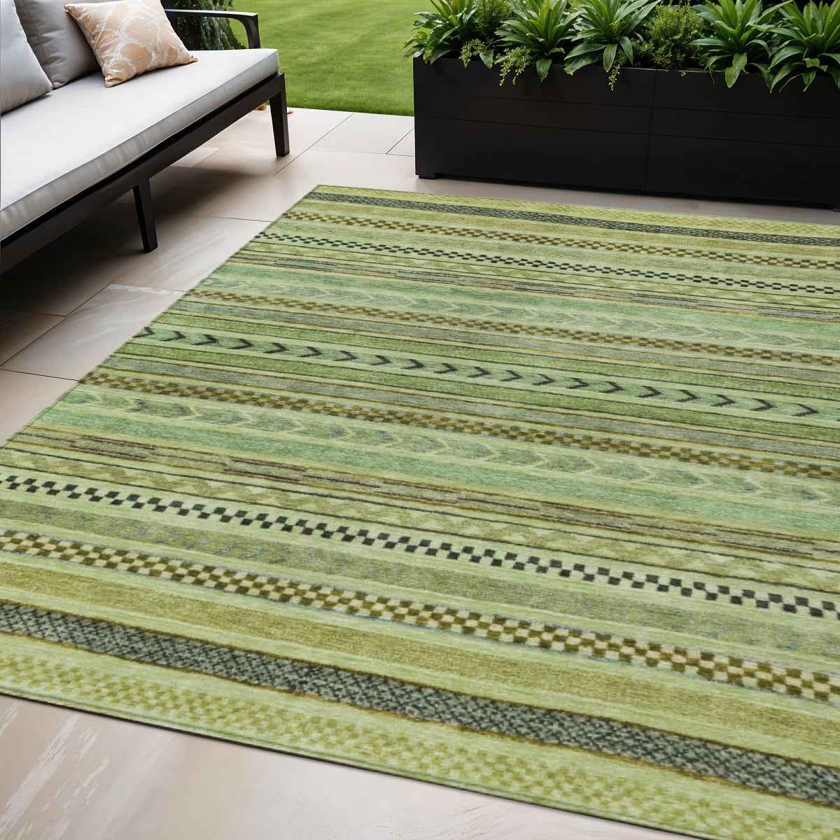 9' X 12' Artichoke Green And Taupe Striped Washable Indoor Outdoor Area Rug