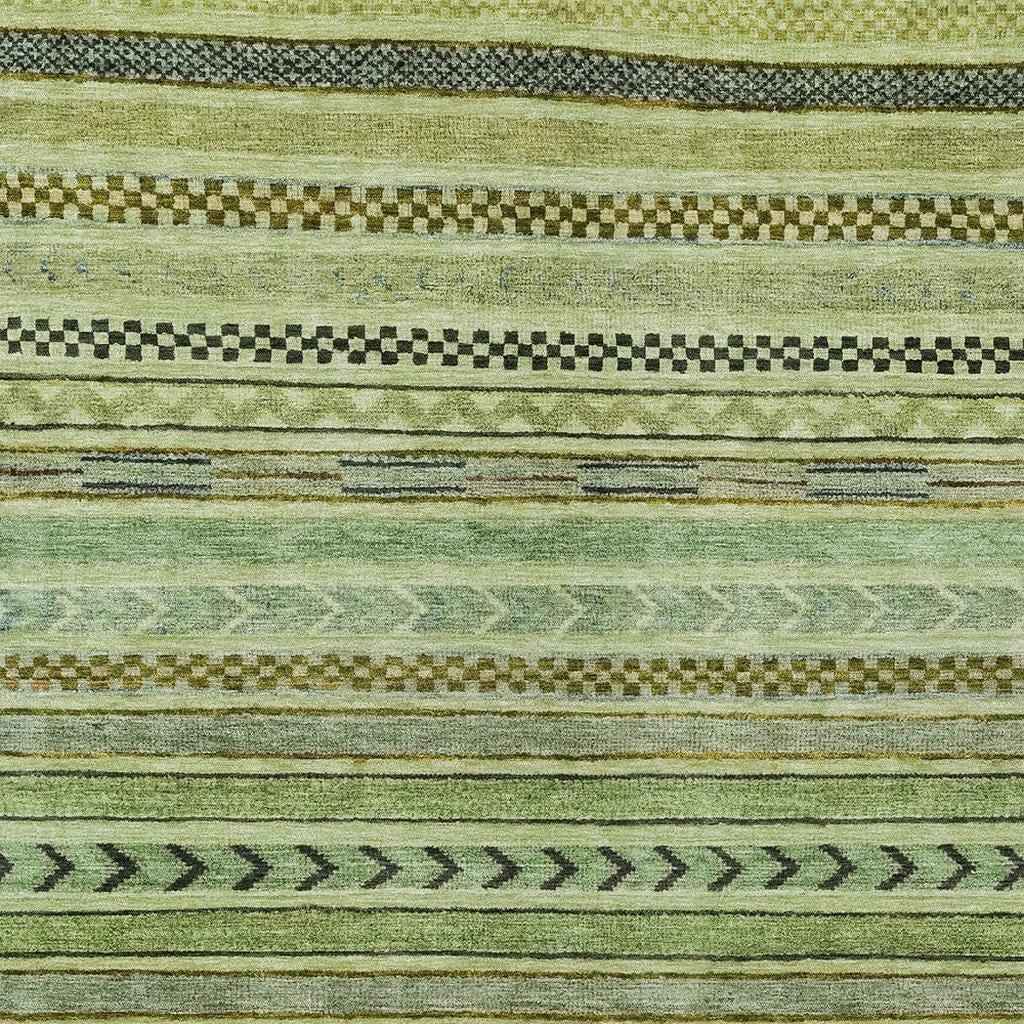9' X 12' Artichoke Green And Taupe Striped Washable Indoor Outdoor Area Rug