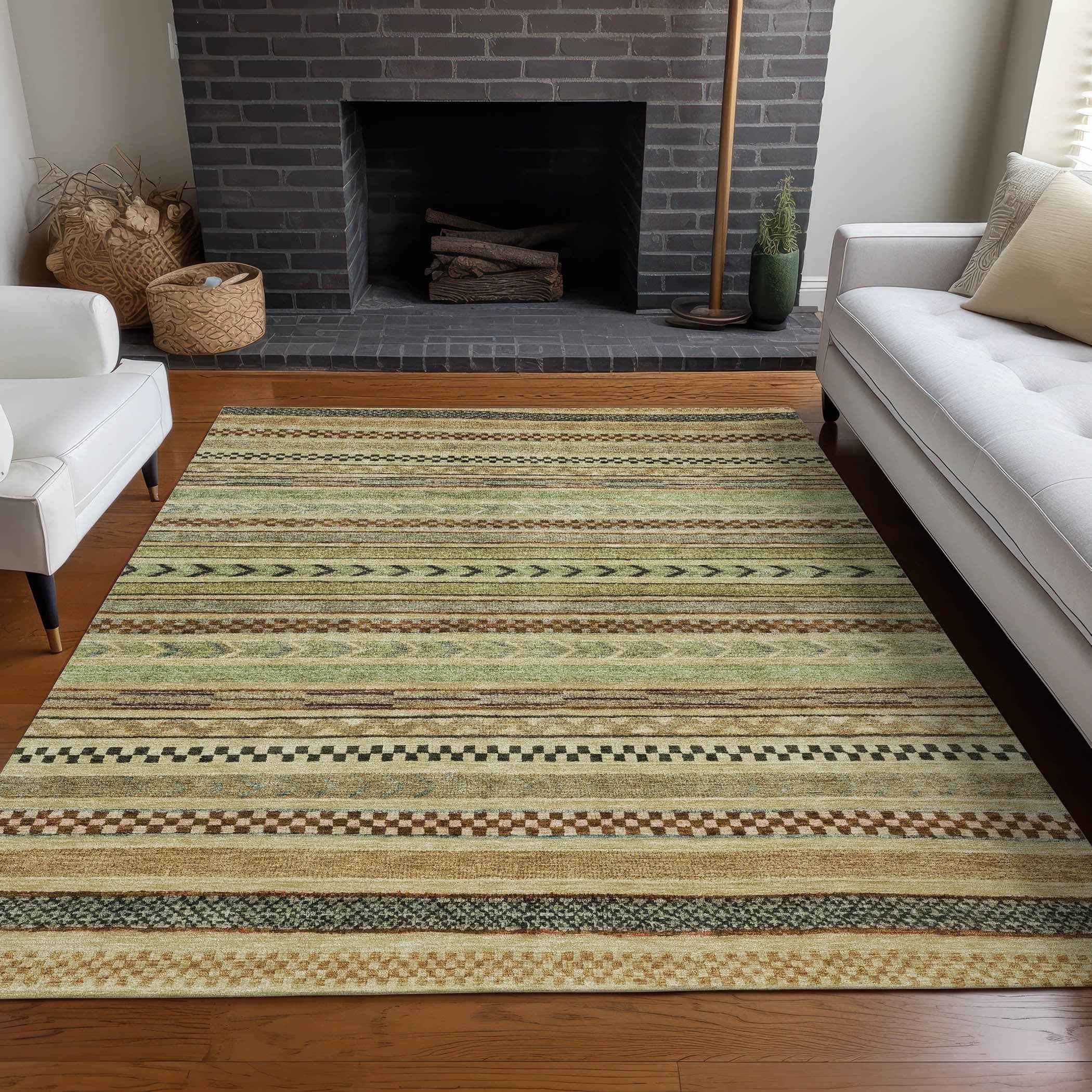 3' X 5' Beige And Taupe Striped Washable Indoor Outdoor Area Rug