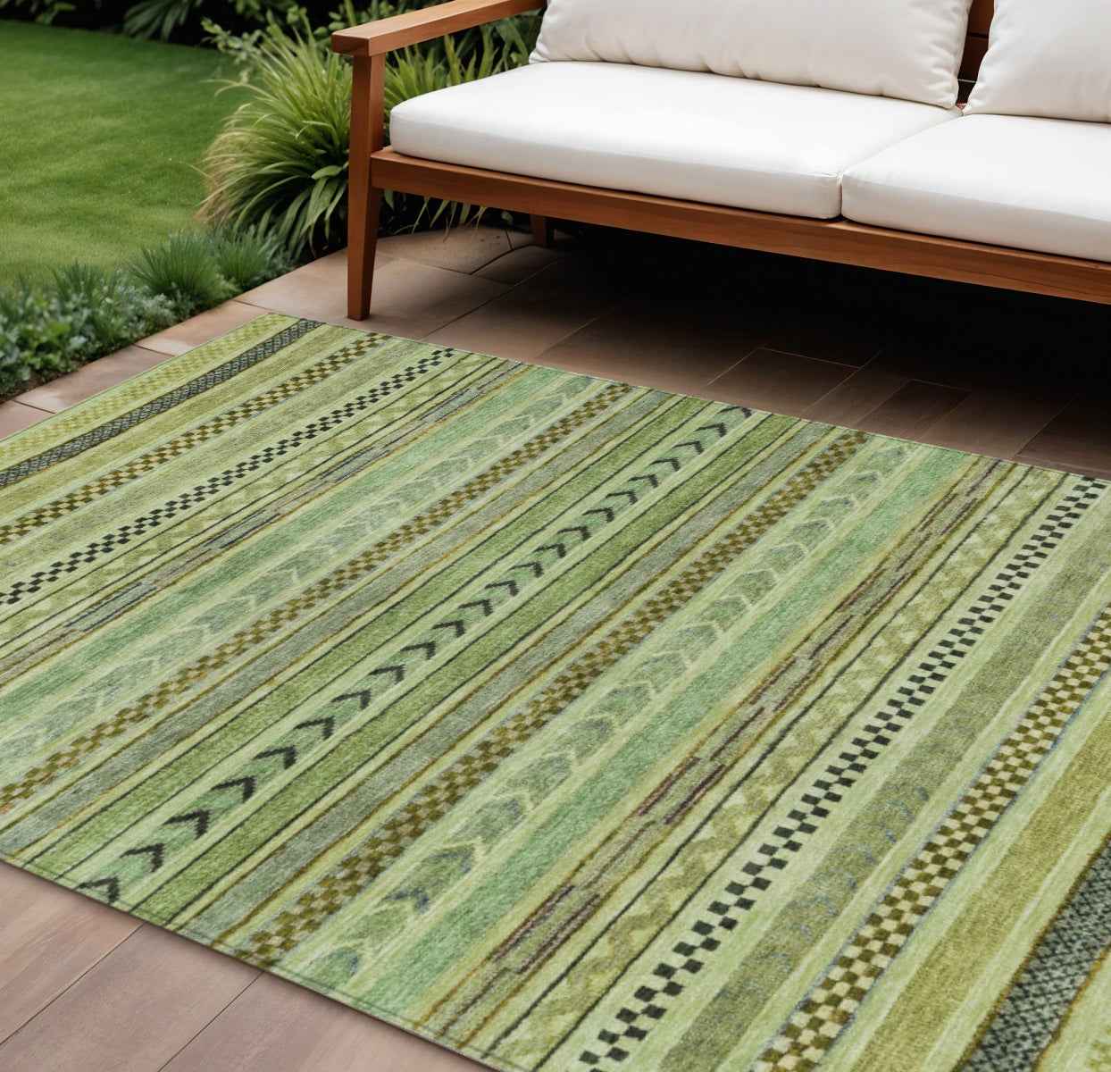 10' X 14' Artichoke Green And Taupe Striped Washable Indoor Outdoor Area Rug