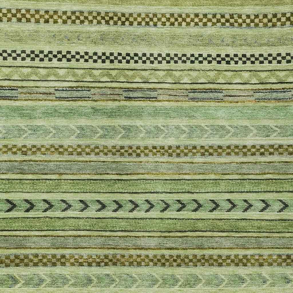 10' X 14' Artichoke Green And Taupe Striped Washable Indoor Outdoor Area Rug