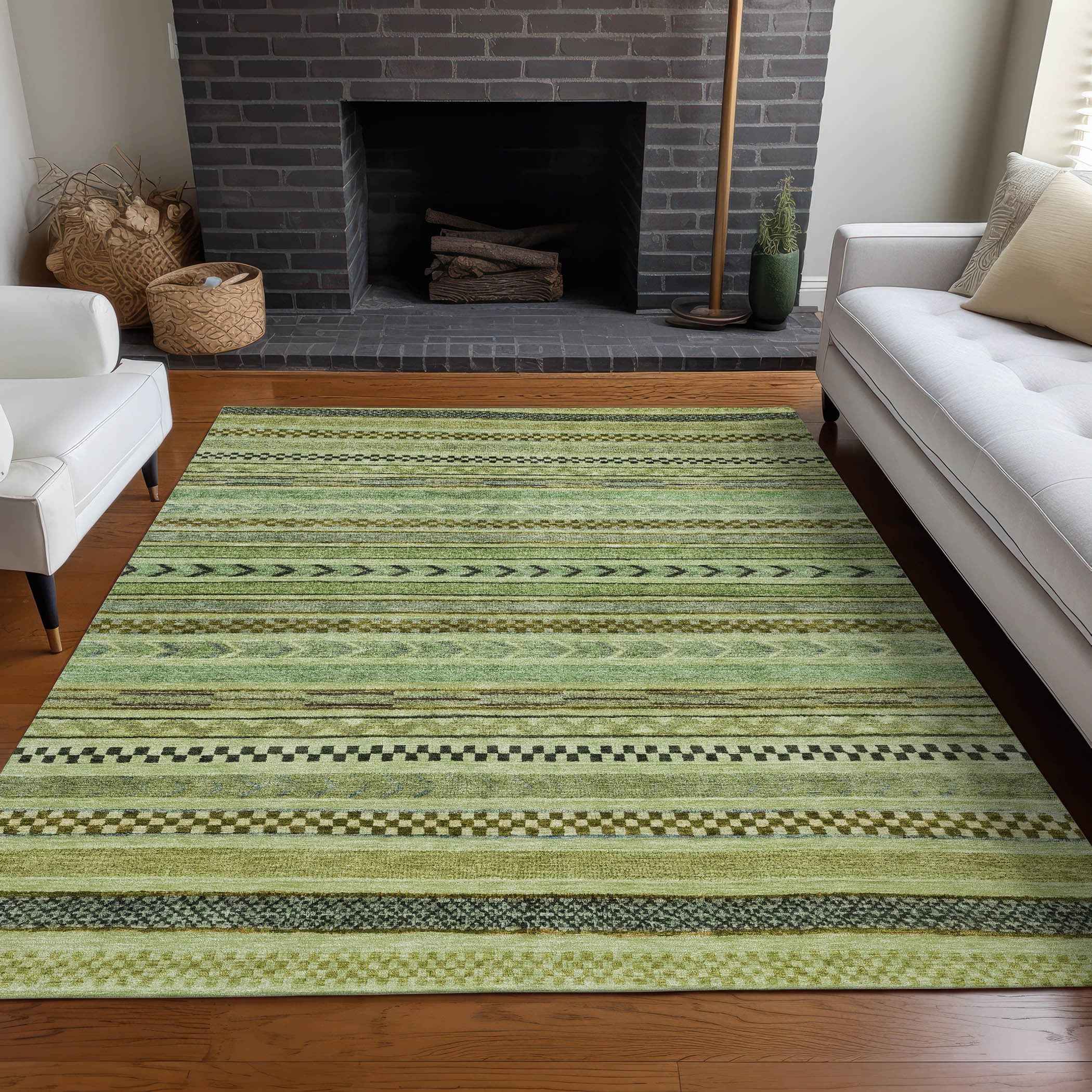 10' X 14' Artichoke Green And Taupe Striped Washable Indoor Outdoor Area Rug