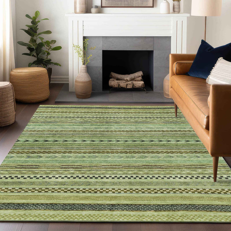 10' X 14' Artichoke Green And Taupe Striped Washable Indoor Outdoor Area Rug