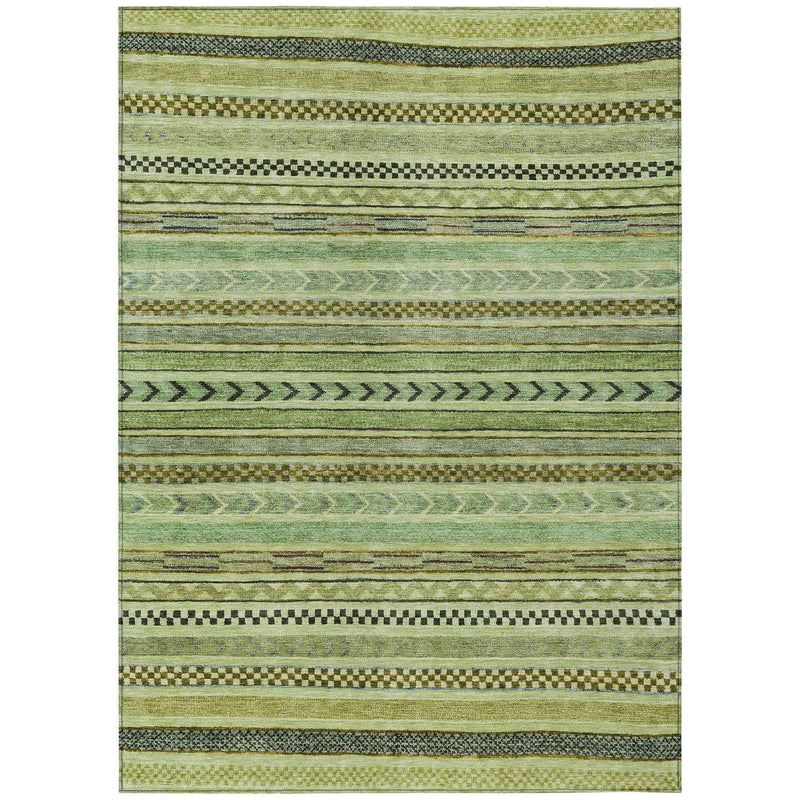 10' X 14' Artichoke Green And Taupe Striped Washable Indoor Outdoor Area Rug