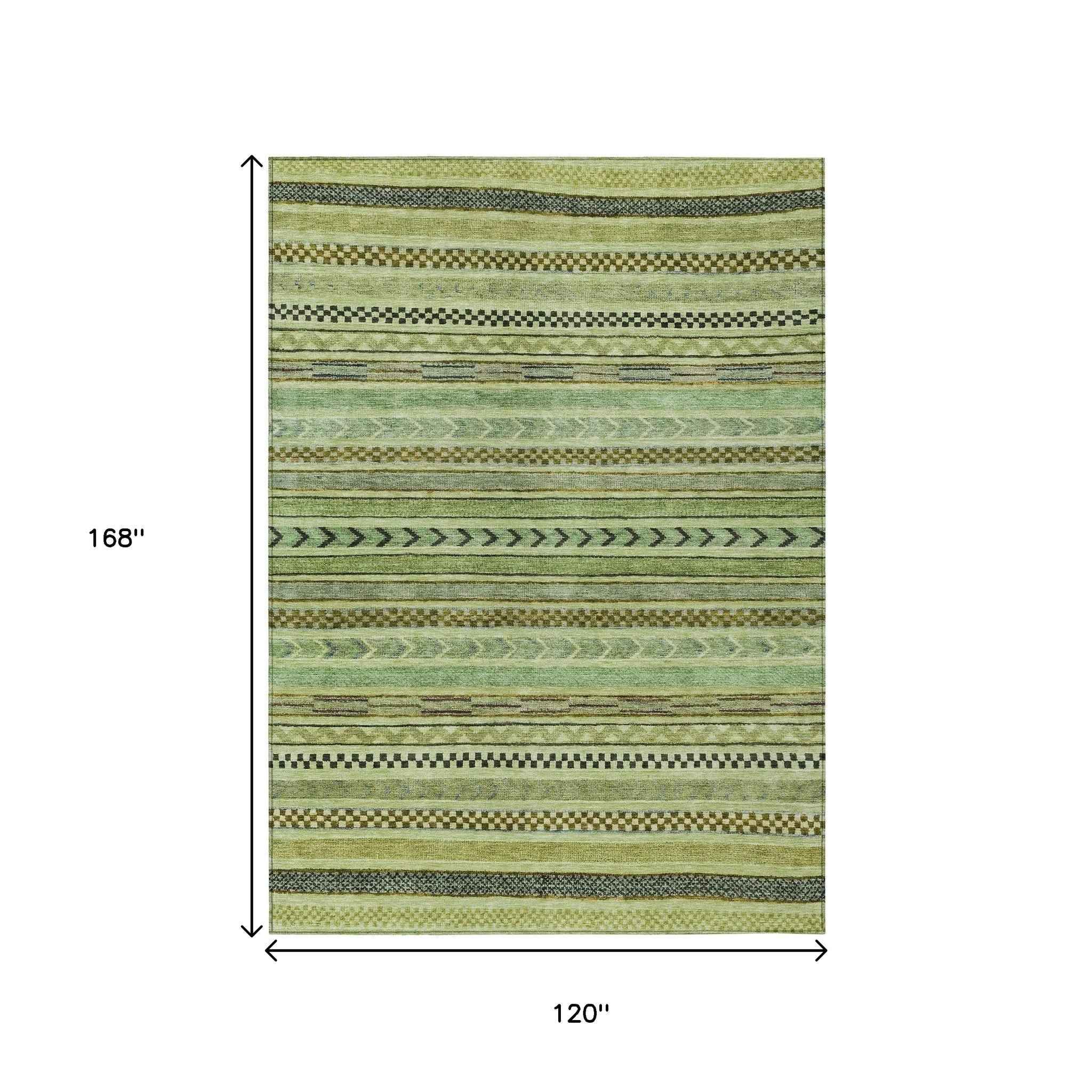 10' X 14' Artichoke Green And Taupe Striped Washable Indoor Outdoor Area Rug