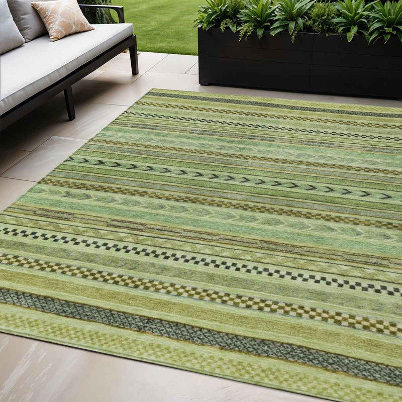5' X 8' Artichoke Green And Taupe Striped Washable Indoor Outdoor Area Rug