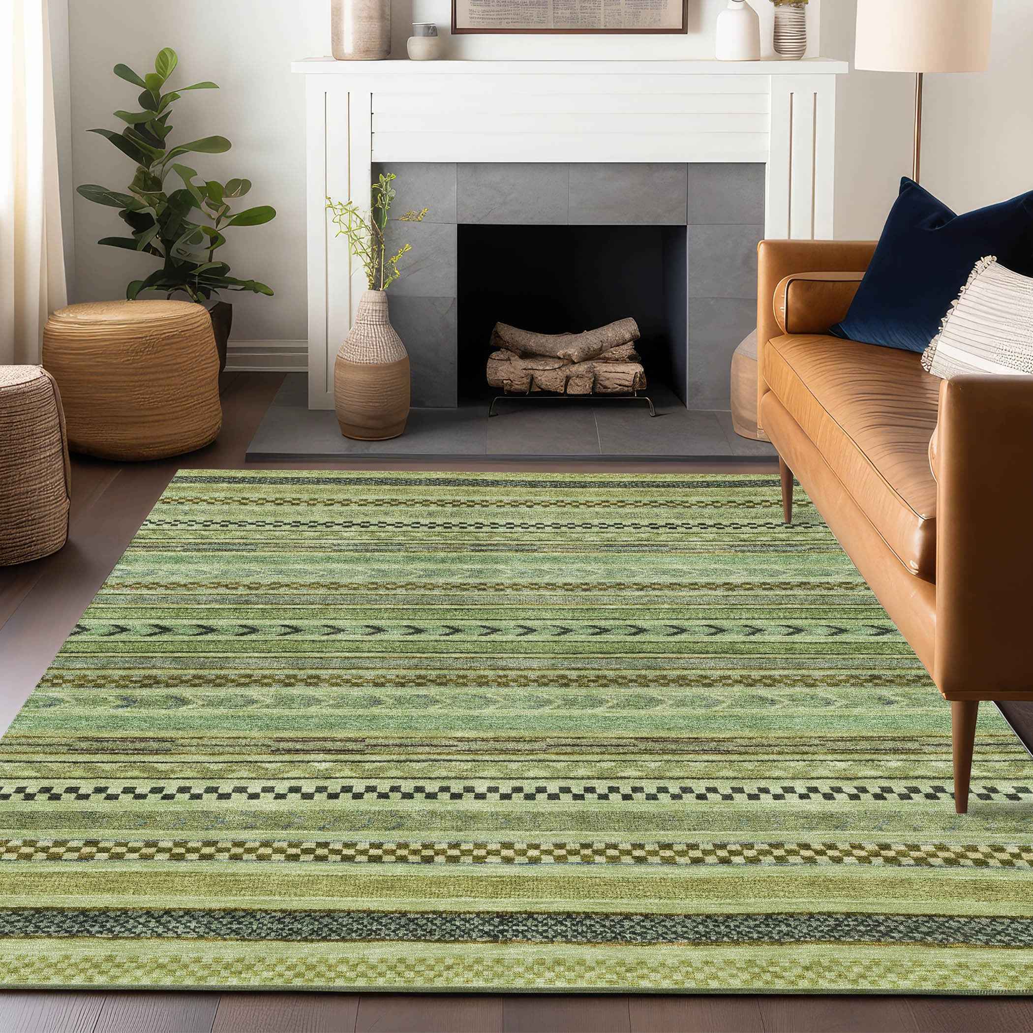 8' X 10' Artichoke Green And Taupe Striped Washable Indoor Outdoor Area Rug