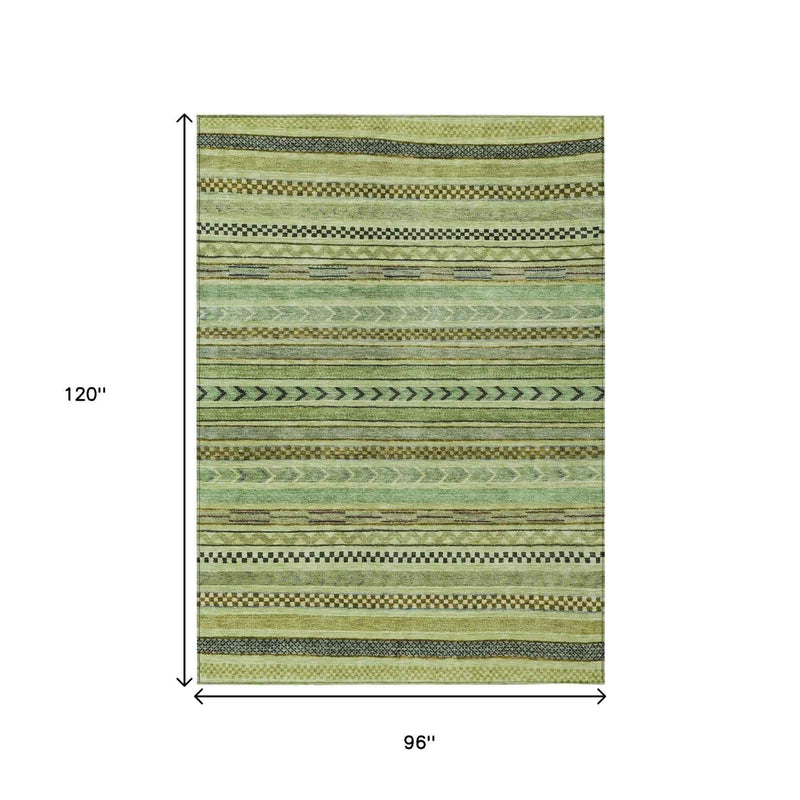 8' X 10' Artichoke Green And Taupe Striped Washable Indoor Outdoor Area Rug