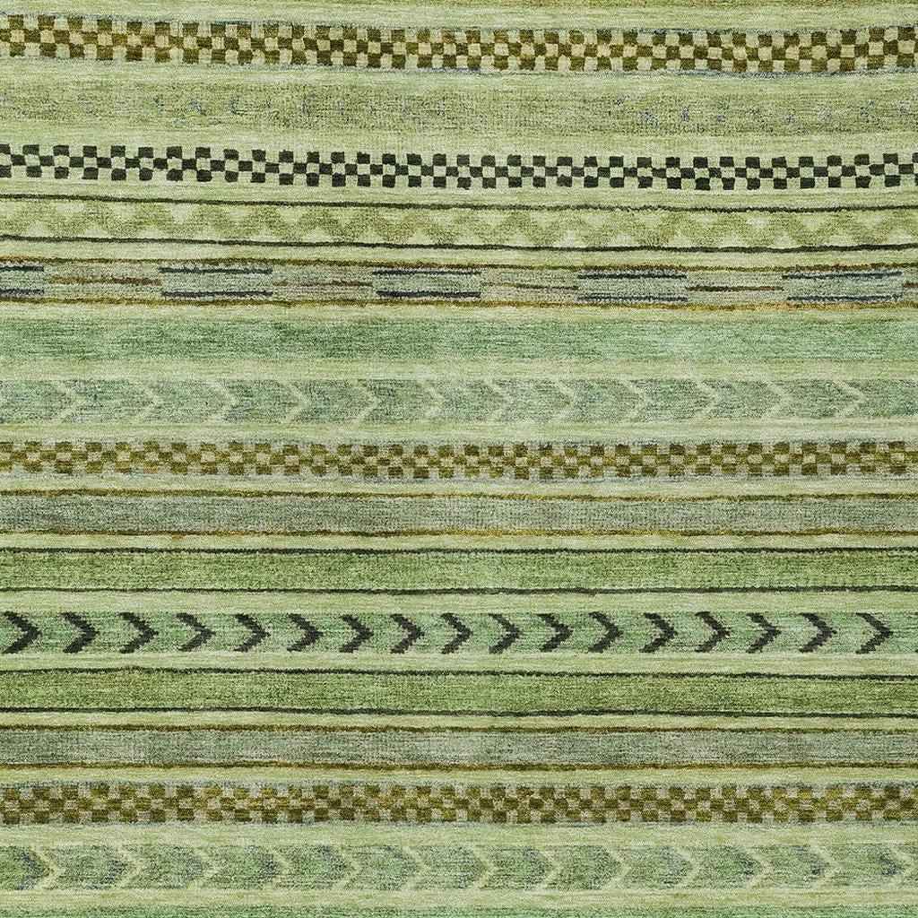 8' X 10' Artichoke Green And Taupe Striped Washable Indoor Outdoor Area Rug