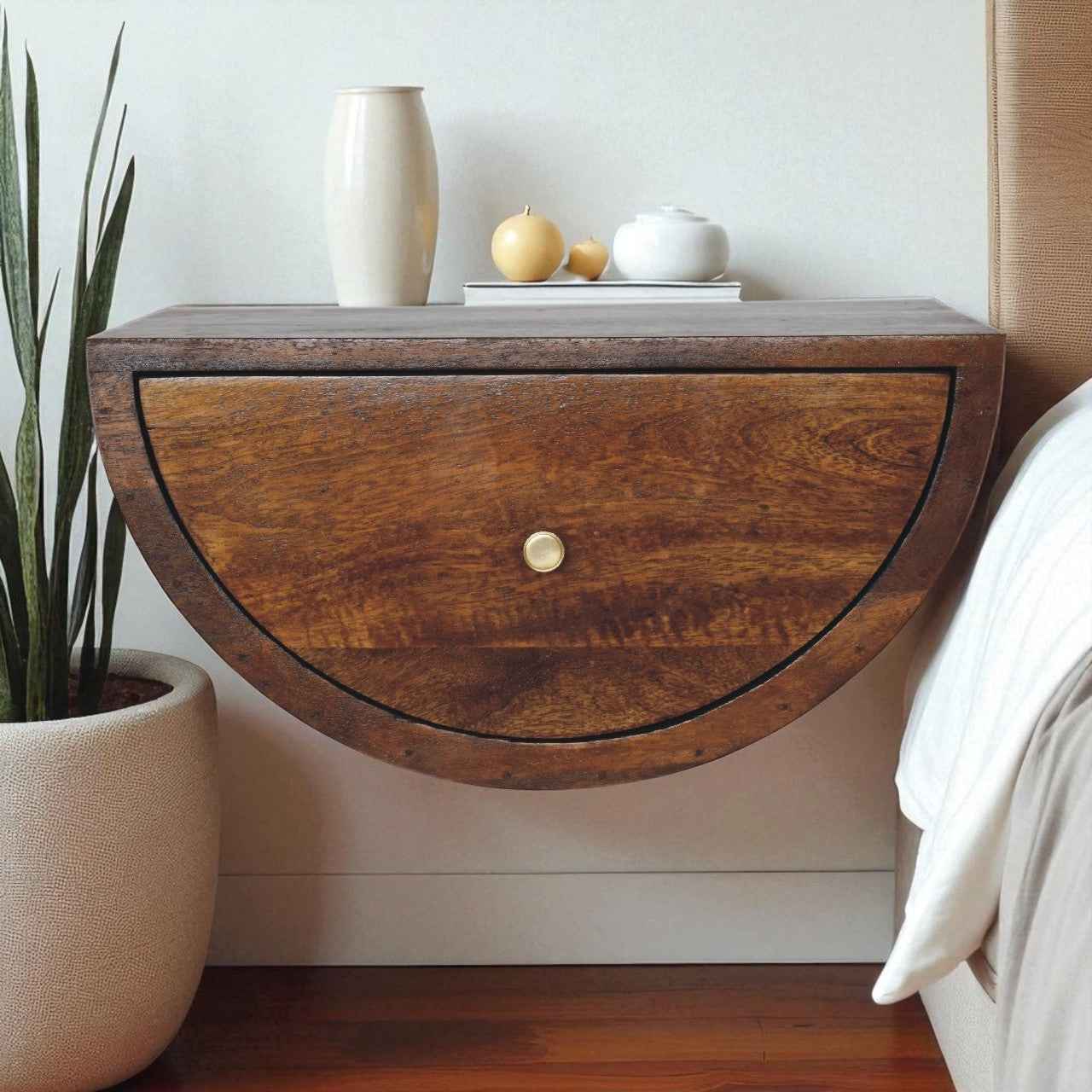 18" Chestnut Solid Wood One Drawer Half Moon Floating Nightstand