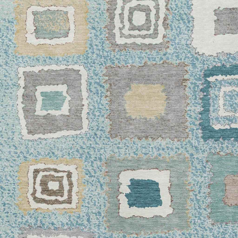 5' X 8' Teal Blue Beige And Ivory Geometric Washable Indoor Outdoor Area Rug