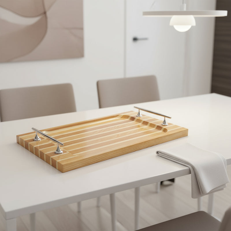 15" Brown And Natural Solid Wood Striped Serving Tray With Handles - Kitchen & Dining