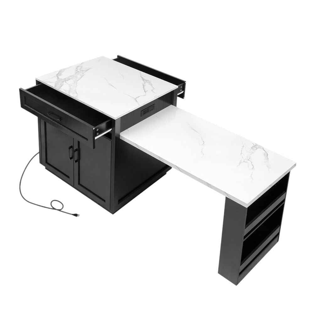 55" Black And White Wood And Faux Marble Rolling Kitchen Island With Storage