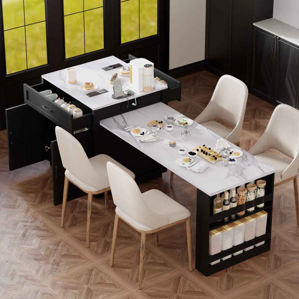 55" Black And White Wood And Faux Marble Rolling Kitchen Island With Storage