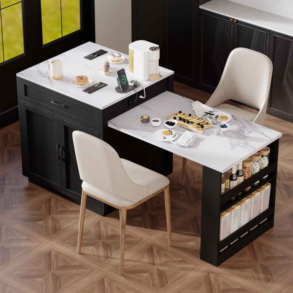 55" Black And White Wood And Faux Marble Rolling Kitchen Island With Storage