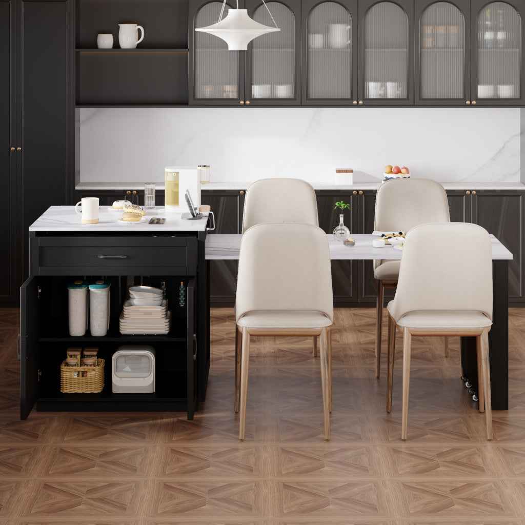 55" Black And White Wood And Faux Marble Rolling Kitchen Island With Storage