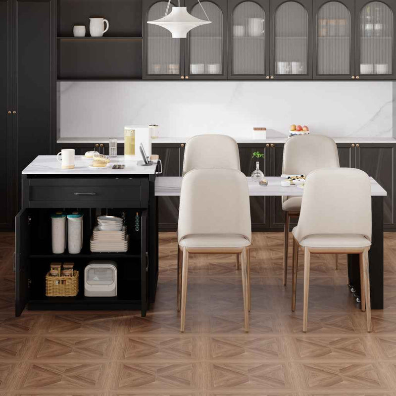 55" Black And White Wood And Faux Marble Rolling Kitchen Island With Storage