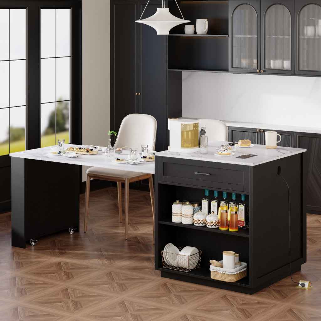 55" Black And White Wood And Faux Marble Rolling Kitchen Island With Storage