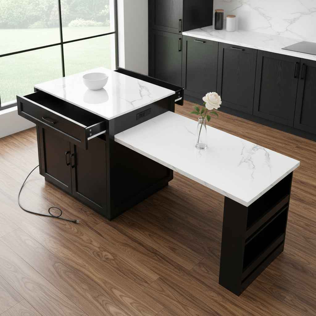 55" Black And White Wood And Faux Marble Rolling Kitchen Island With Storage