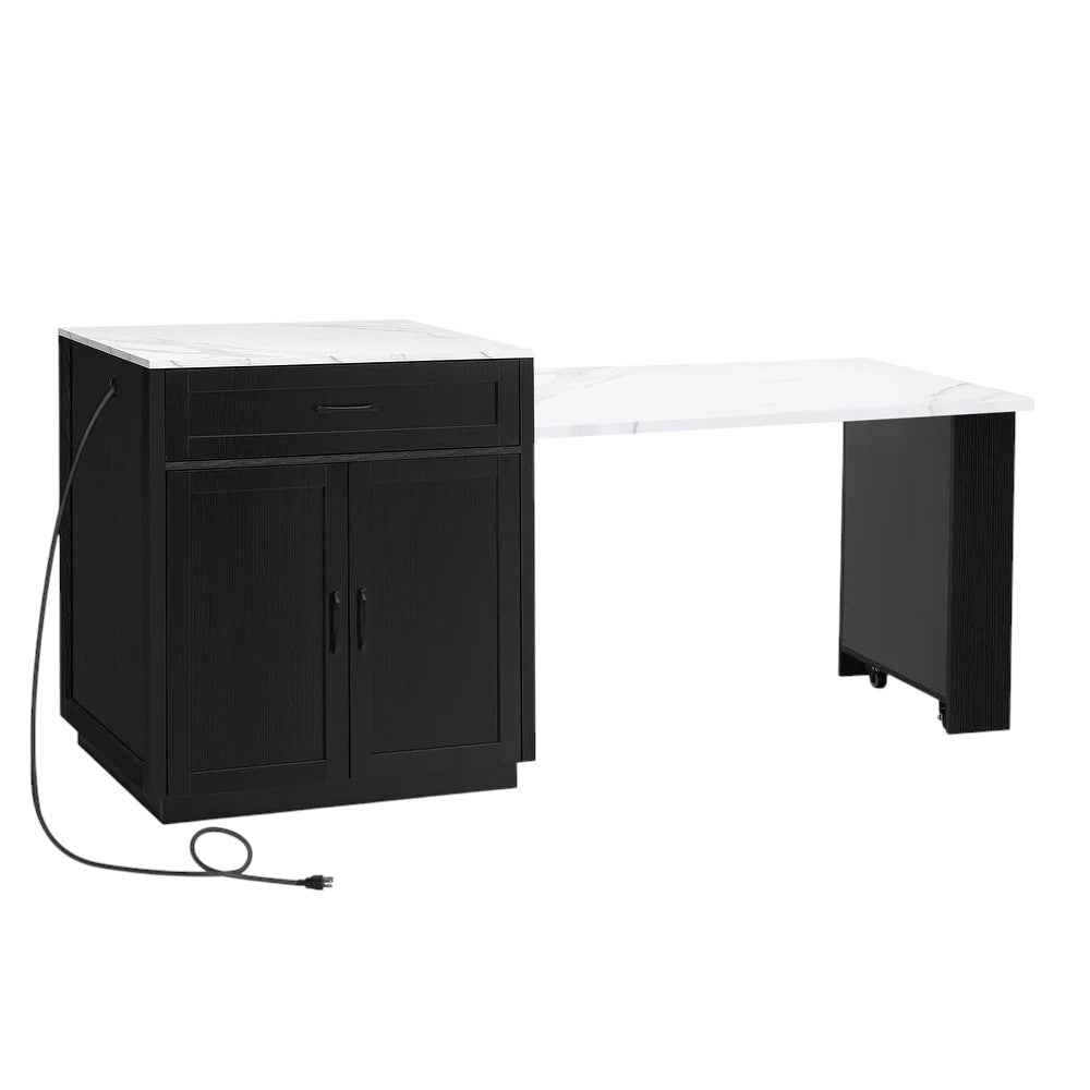 55" Black And White Wood And Faux Marble Rolling Kitchen Island With Storage