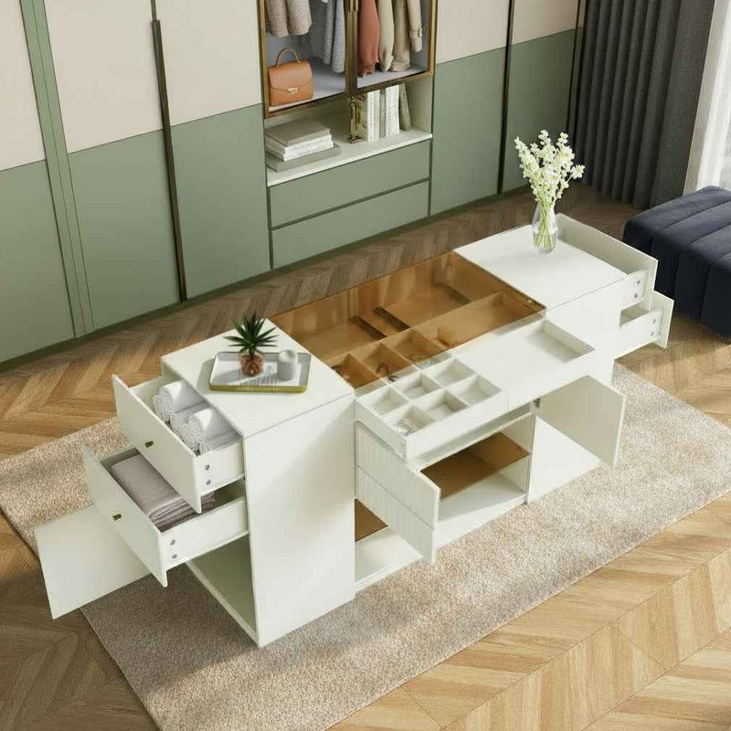 33" White Wood And Glass Six Drawer Island Vanity Dresser