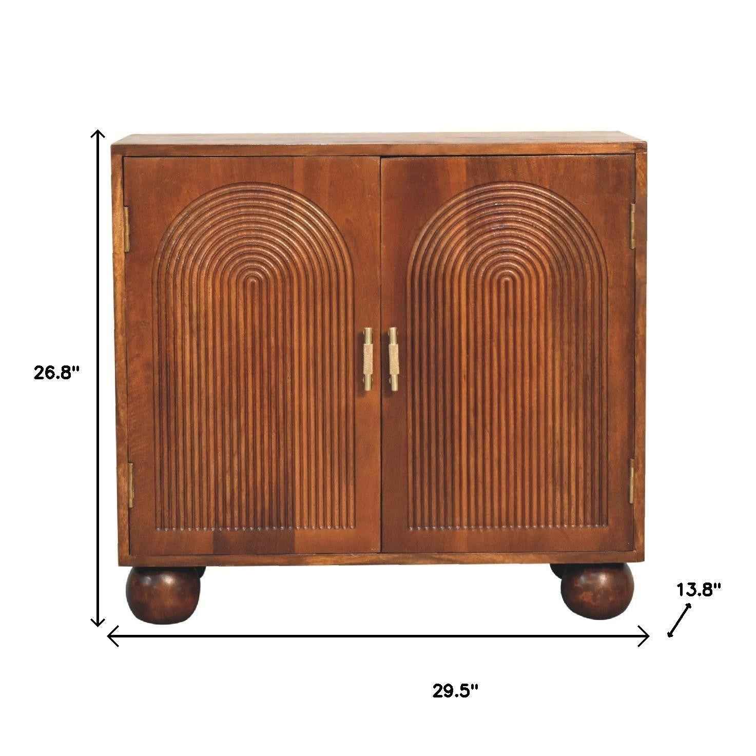 27" Chestnut Solid Wood Textured Geometric Lines Accent Cabinet With Two Doors