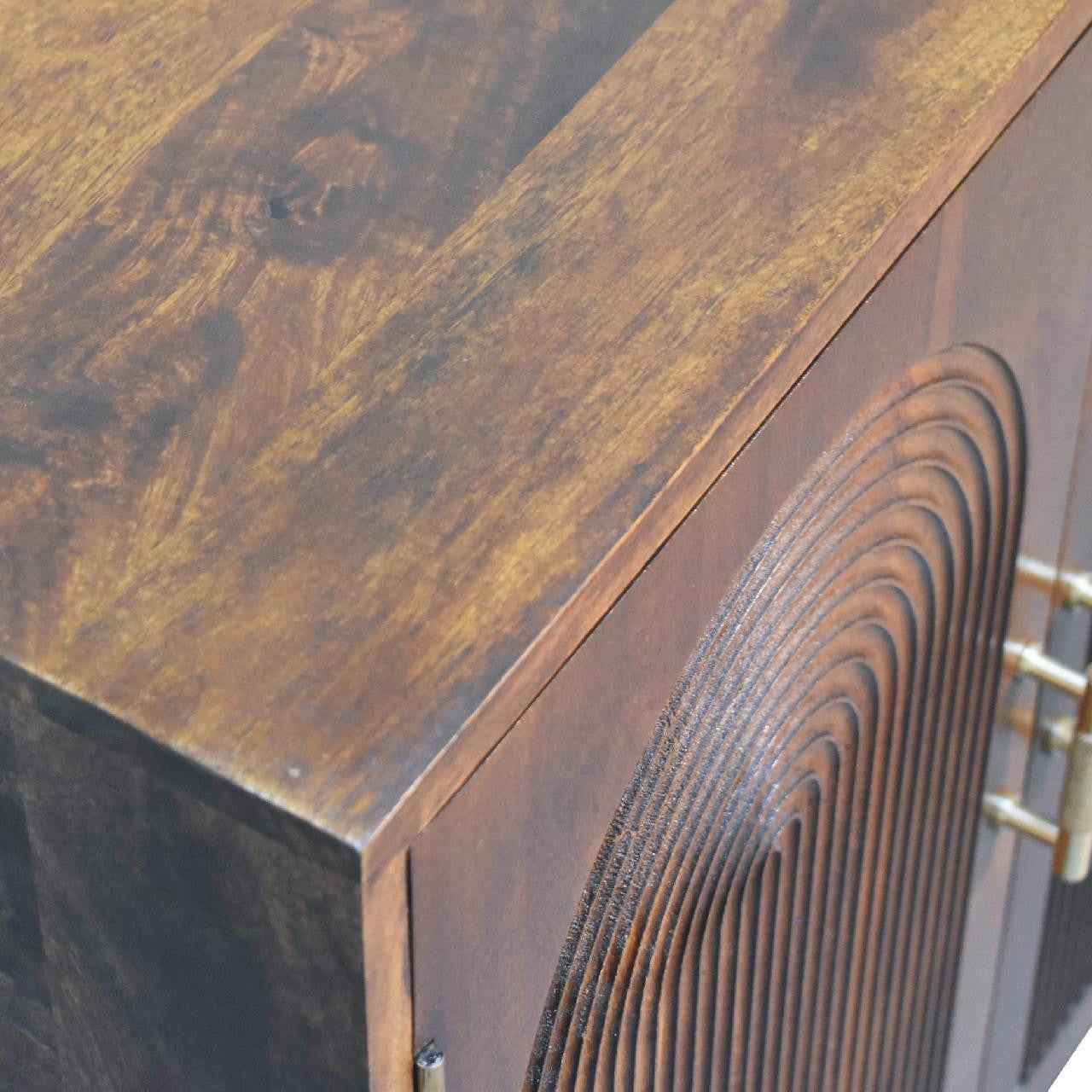 27" Chestnut Solid Wood Textured Geometric Lines Accent Cabinet With Two Doors