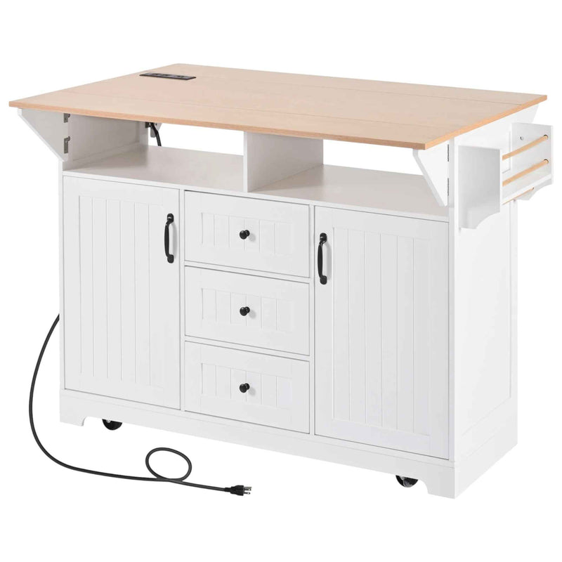 56" White Wood Rolling Kitchen Island With Storage