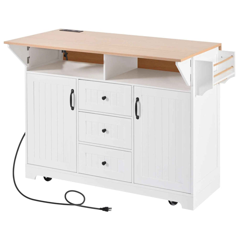 56" White Wood Rolling Kitchen Island With Storage