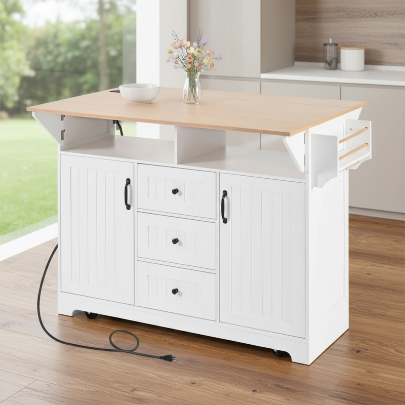 56" White Wood Rolling Kitchen Island With Storage - GreatEagleInc