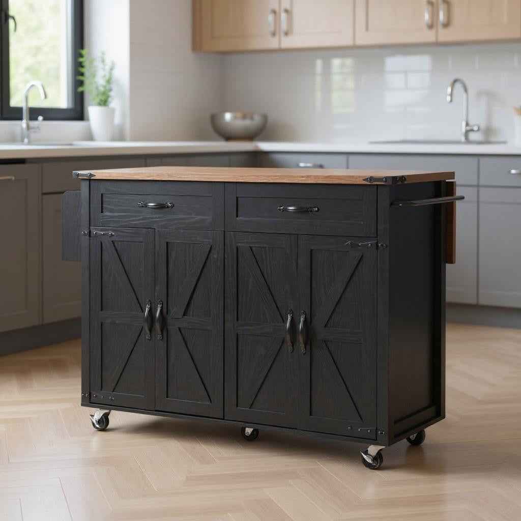 54" Black Wood Rolling Kitchen Island