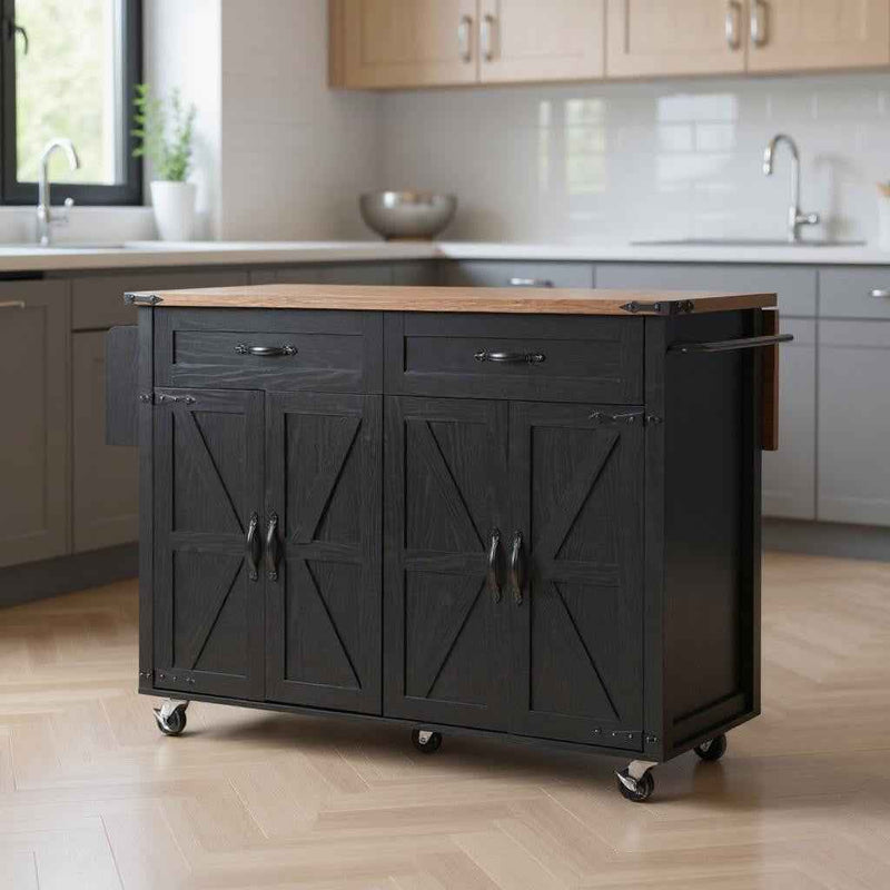 54" Black Wood Rolling Kitchen Island