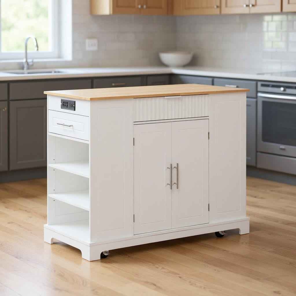 49" White Wood Rolling Kitchen Island With Storage