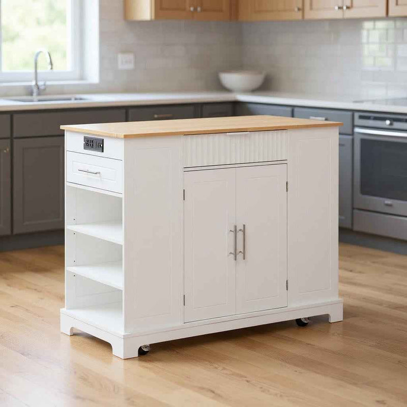 49" White Wood Rolling Kitchen Island With Storage